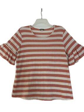 Pleione (Anthropologie) Striped Ruffle Sleeve Knit Top Sz M Coral Cream Boho